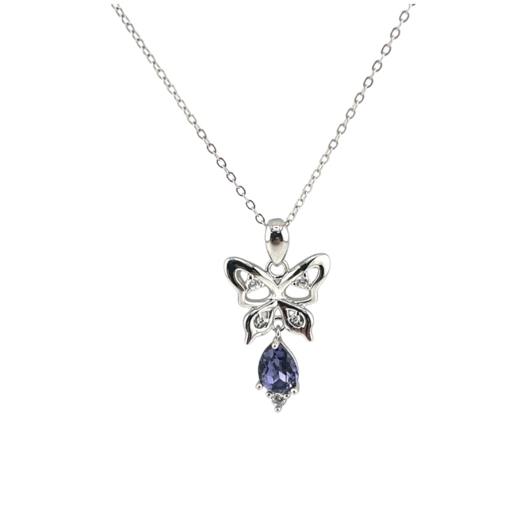 Sterling Silver, Zircon, Butterfly, Pendant, Necklace, Purple, Teardrop