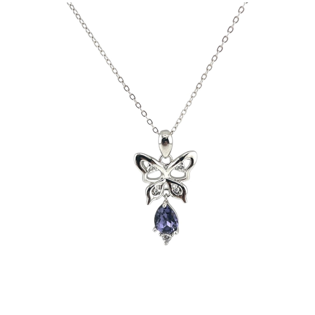 Sterling Silver, Zircon, Butterfly, Pendant, Necklace, Purple, Teardrop