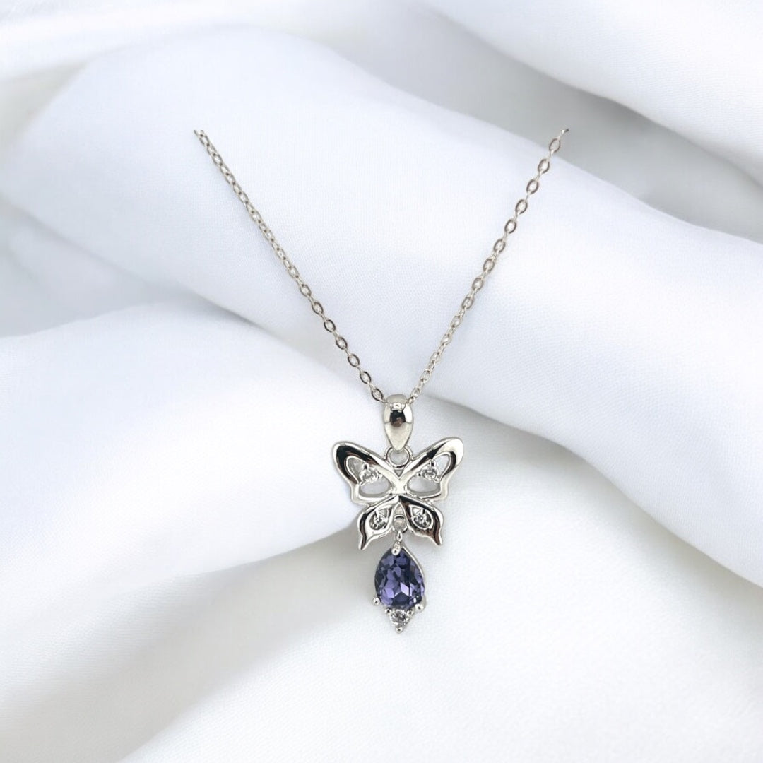 Sterling Silver, Zircon, Butterfly, Pendant, Necklace, Purple, Teardrop