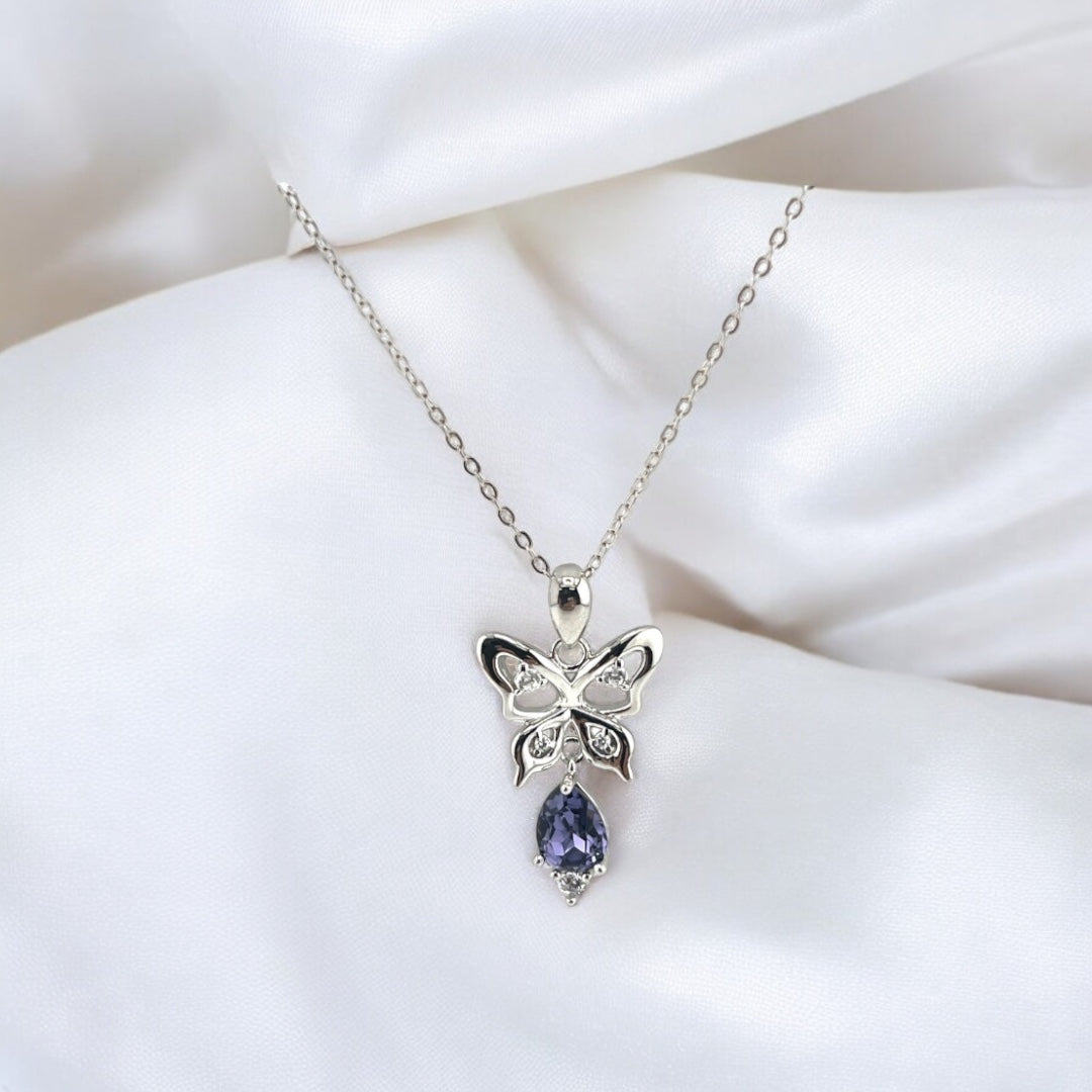 Sterling Silver, Zircon, Butterfly, Pendant, Necklace, Purple, Teardrop