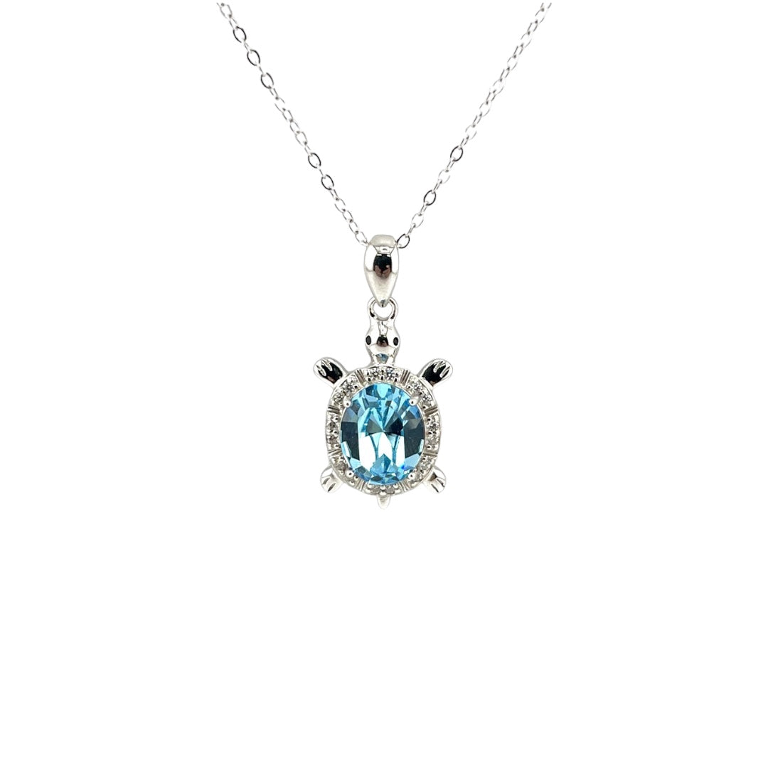 Sterling Silver, Zircon, Turtle, Light Blue, Pendant, Necklace