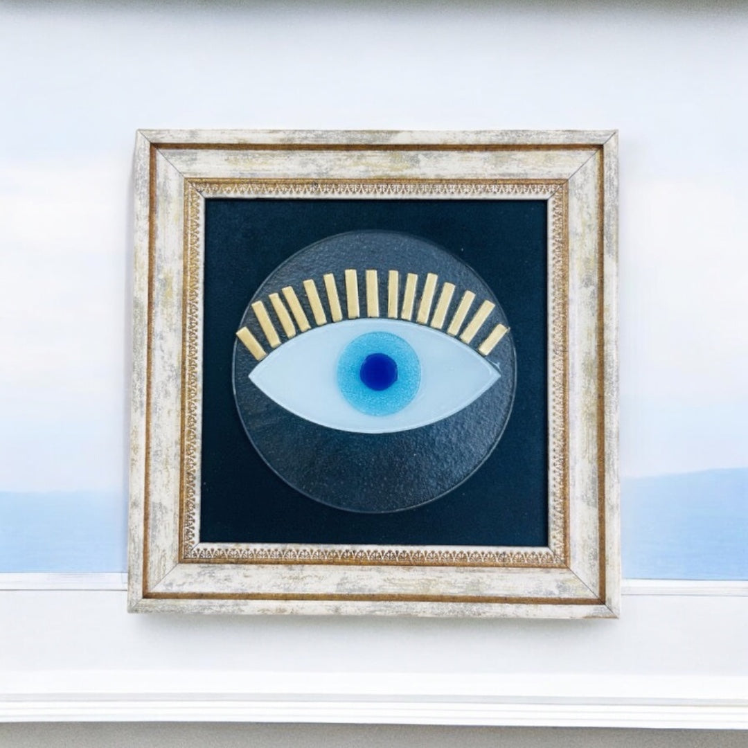 Framed Wall Art, Clear Glass Evil Eye, Fused Glass, Protection,  Gift for Home