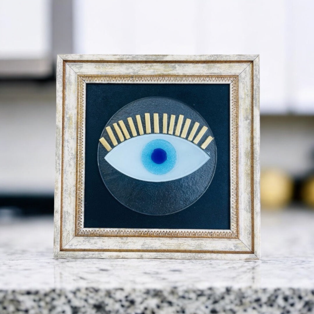 Framed Wall Art, Clear Glass Evil Eye, Fused Glass, Protection,  Gift for Home