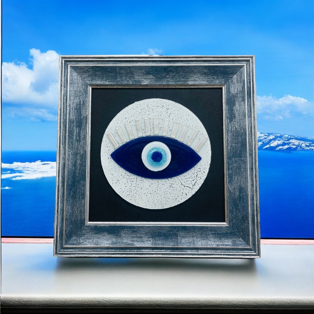 Framed White Evil Eye Wall Art – Fused Glass Protection Gift for Him & Her