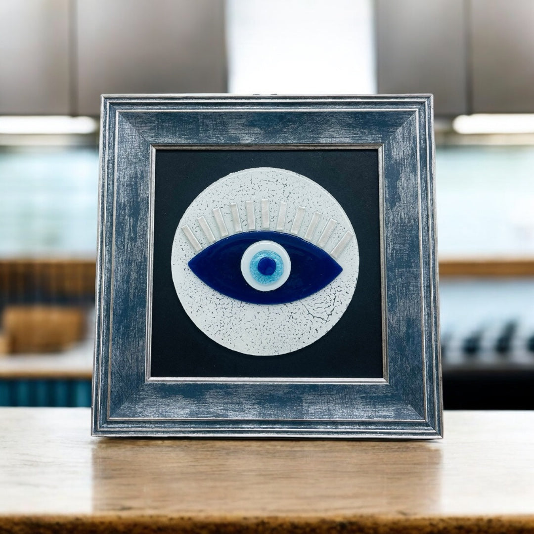 Framed White Evil Eye Wall Art – Fused Glass Protection Gift for Him & Her