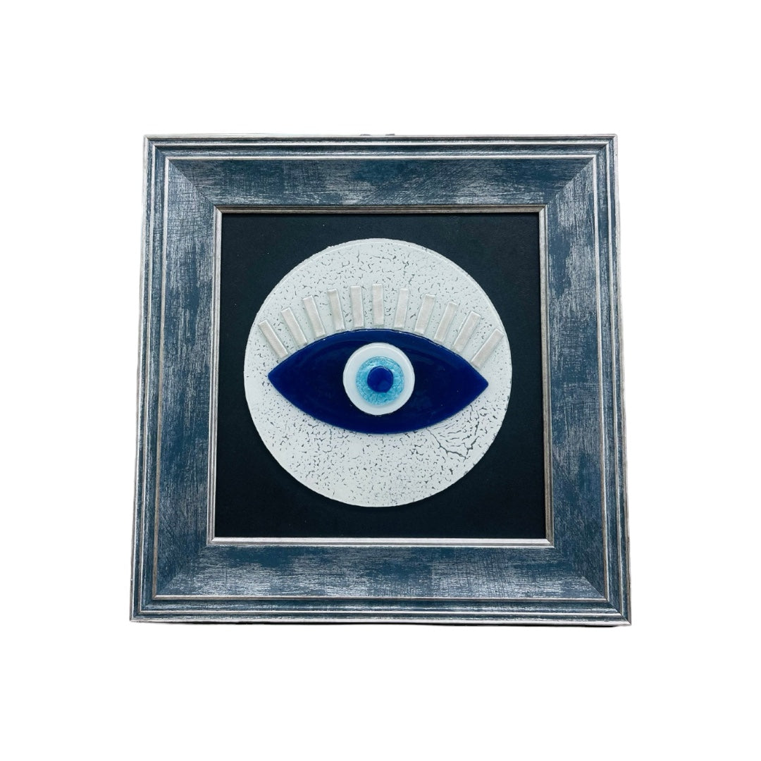 Framed White Evil Eye Wall Art – Fused Glass Protection Gift for Him & Her