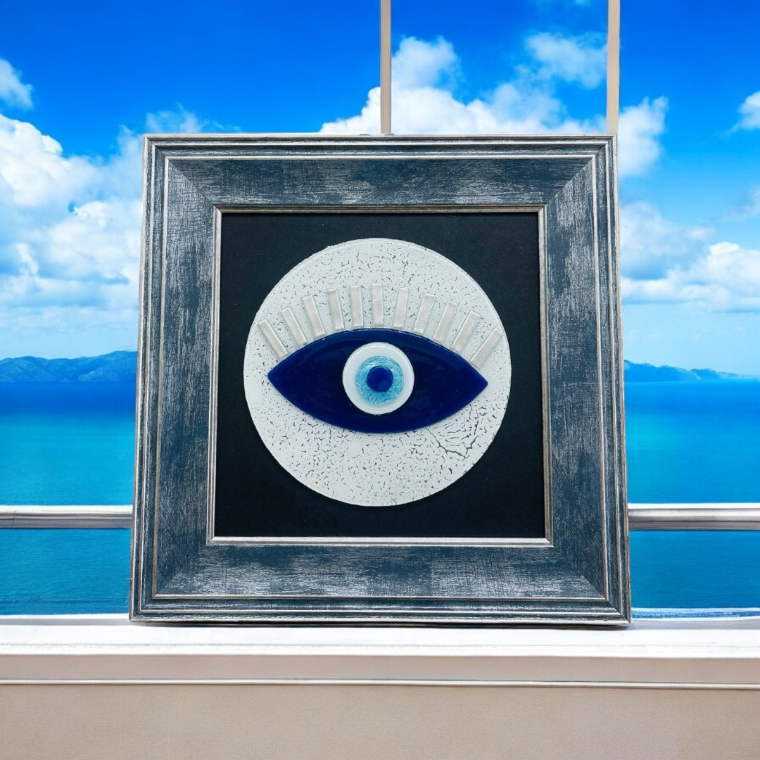 Framed White Evil Eye Wall Art – Fused Glass Protection Gift for Him & Her