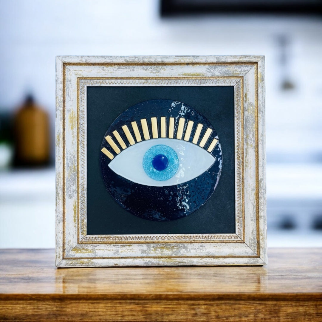 Round Evil Eye Wall Art, Fused Glass, Dark Blue Bubble Accents, Protection, Boho Home Decor