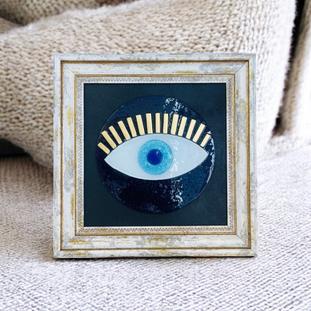 Round Evil Eye Wall Art, Fused Glass, Dark Blue Bubble Accents, Protection, Boho Home Decor