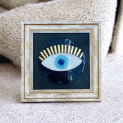 Round Evil Eye Wall Art, Fused Glass, Dark Blue Bubble Accents, Protection, Boho Home Decor