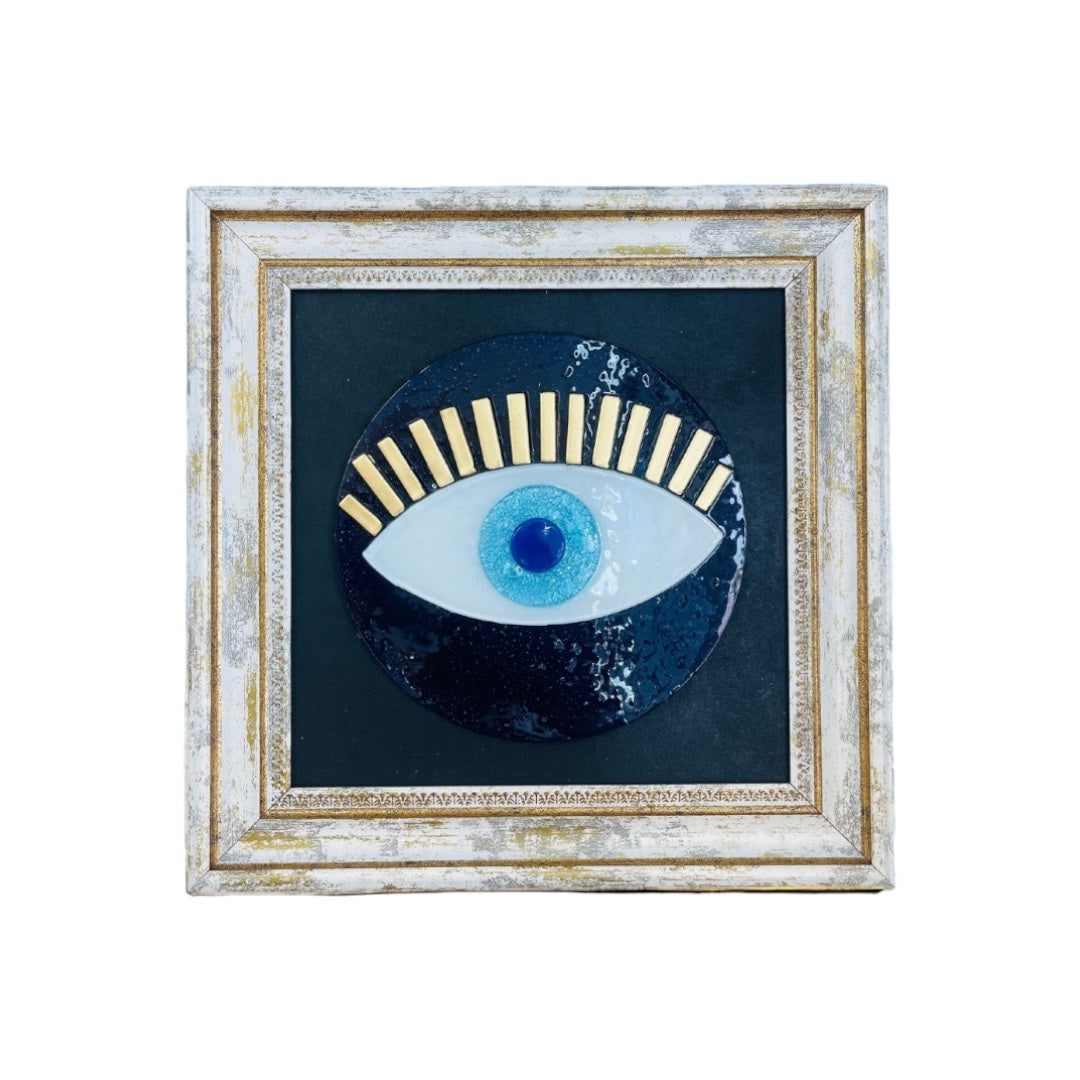 Round Evil Eye Wall Art, Fused Glass, Dark Blue Bubble Accents, Protection, Boho Home Decor