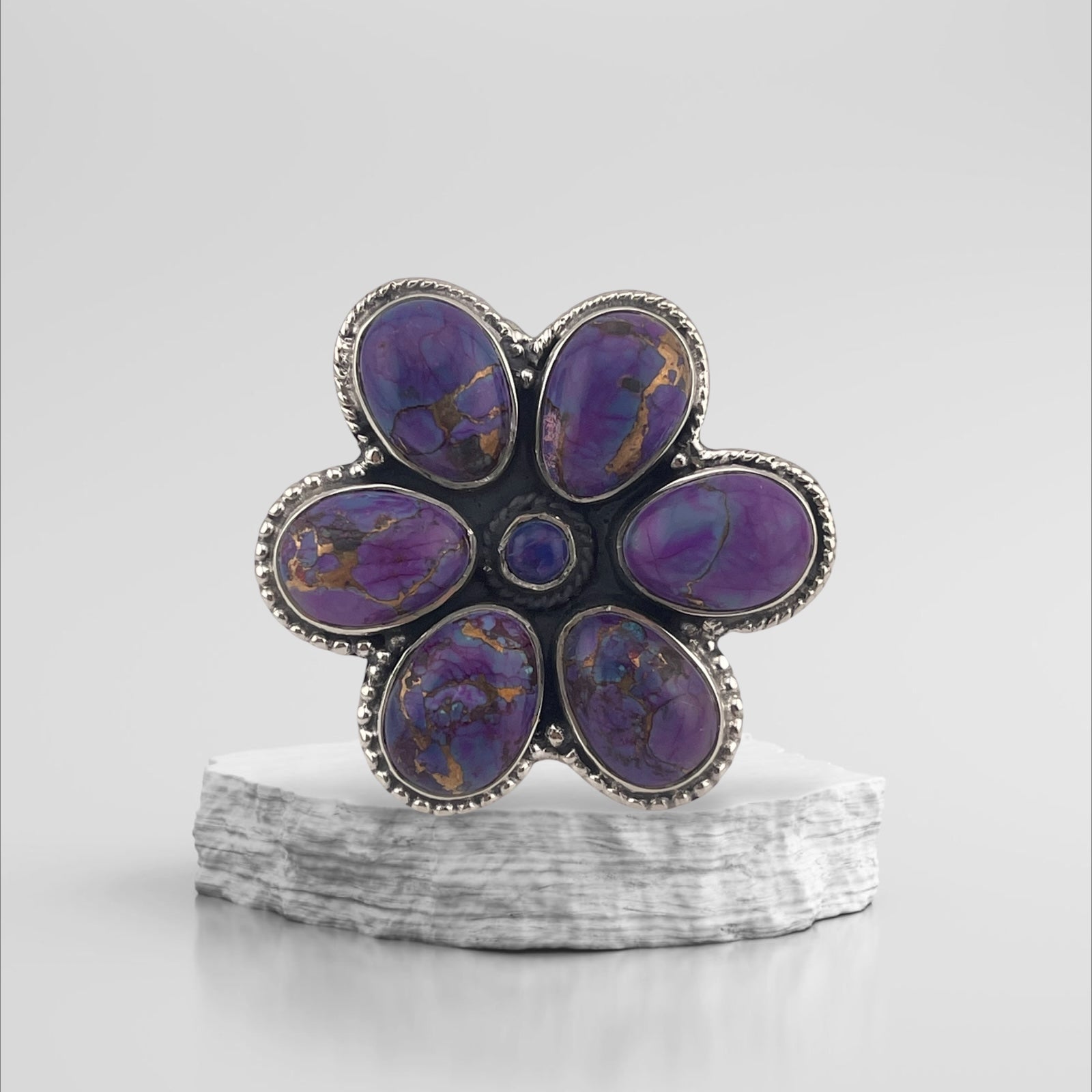 Purple Dahlia Turquoise Flower Ring Sterling Silver
