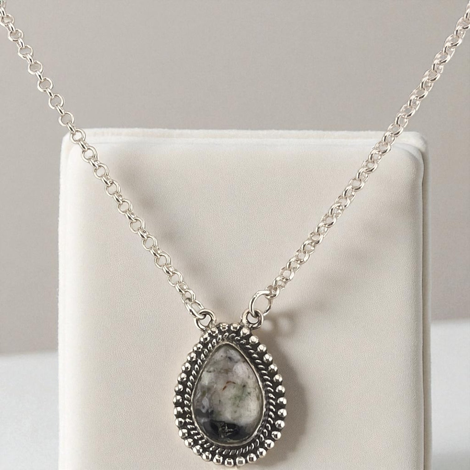 Crimson Glow – White Buffalo Turquoise Pear Shaped Necklace Sterling Silver