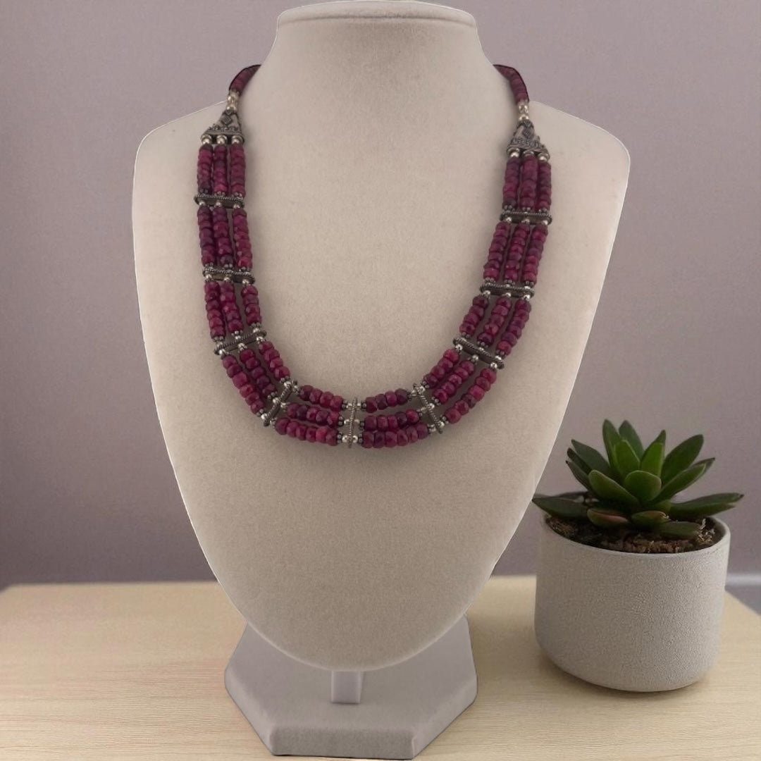 Three-Row Ruby Bead Necklace with Sterling Silver