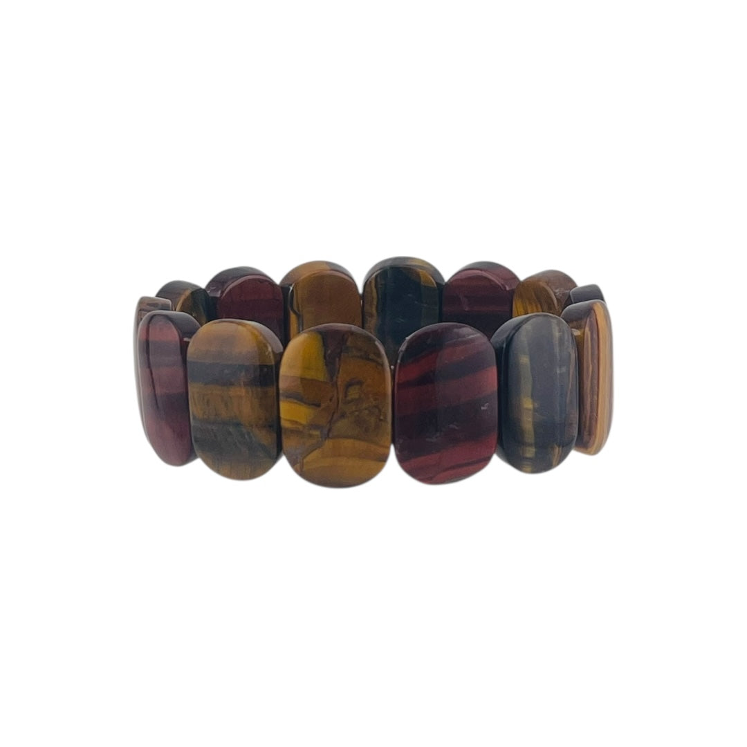 Blue Tiger Eye, Red Tiger Eye & Golden Tiger Eye Rectangular Bead Stretch Bracelet
