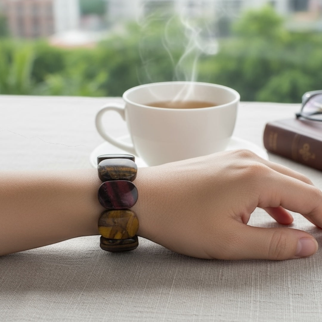 Blue Tiger Eye, Red Tiger Eye & Golden Tiger Eye Rectangular Bead Stretch Bracelet
