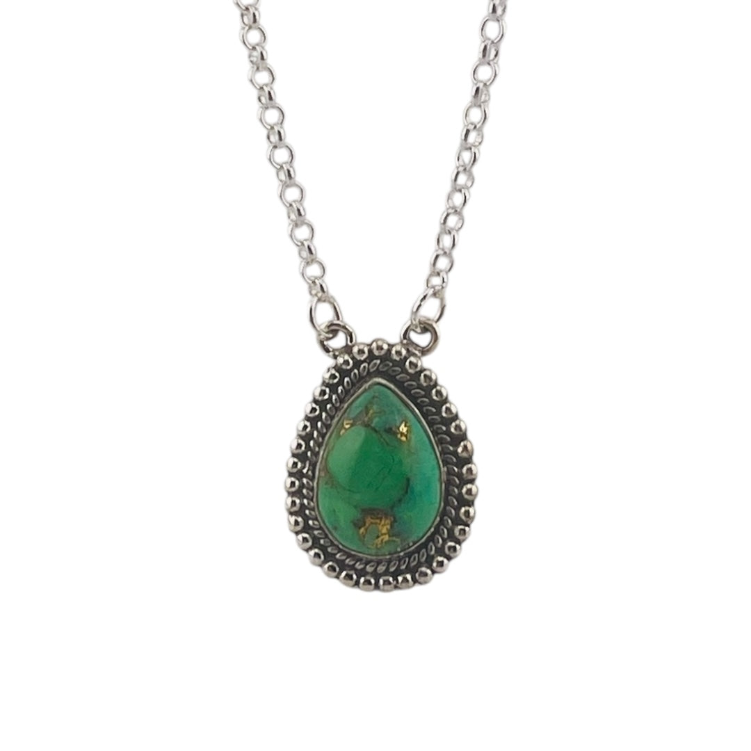 Crimson Glow – Green Mohave Turquoise Pear Shaped Necklace Sterling Silver