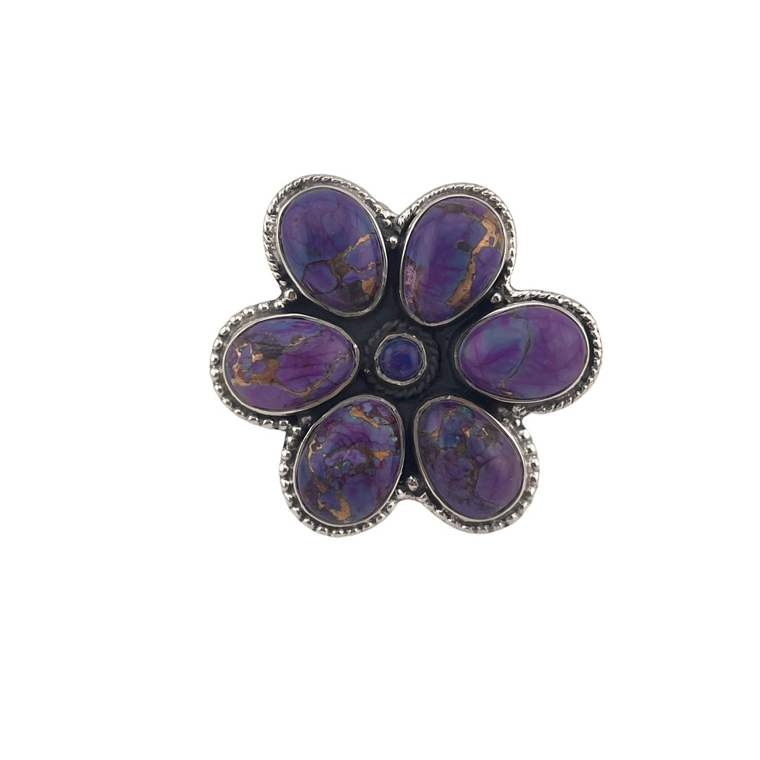 Purple Dahlia Turquoise Flower Ring Sterling Silver