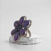 Purple Dahlia Turquoise Flower Ring Sterling Silver