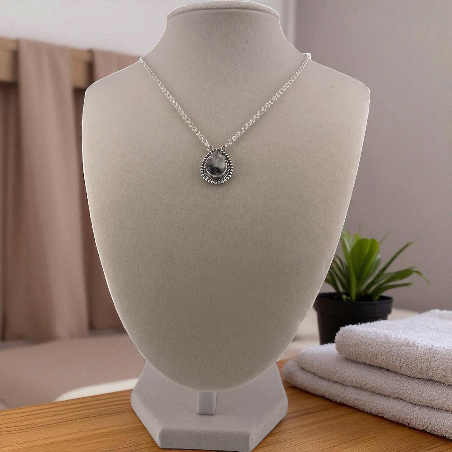 Crimson Glow – White Buffalo Turquoise Pear Shaped Necklace Sterling Silver