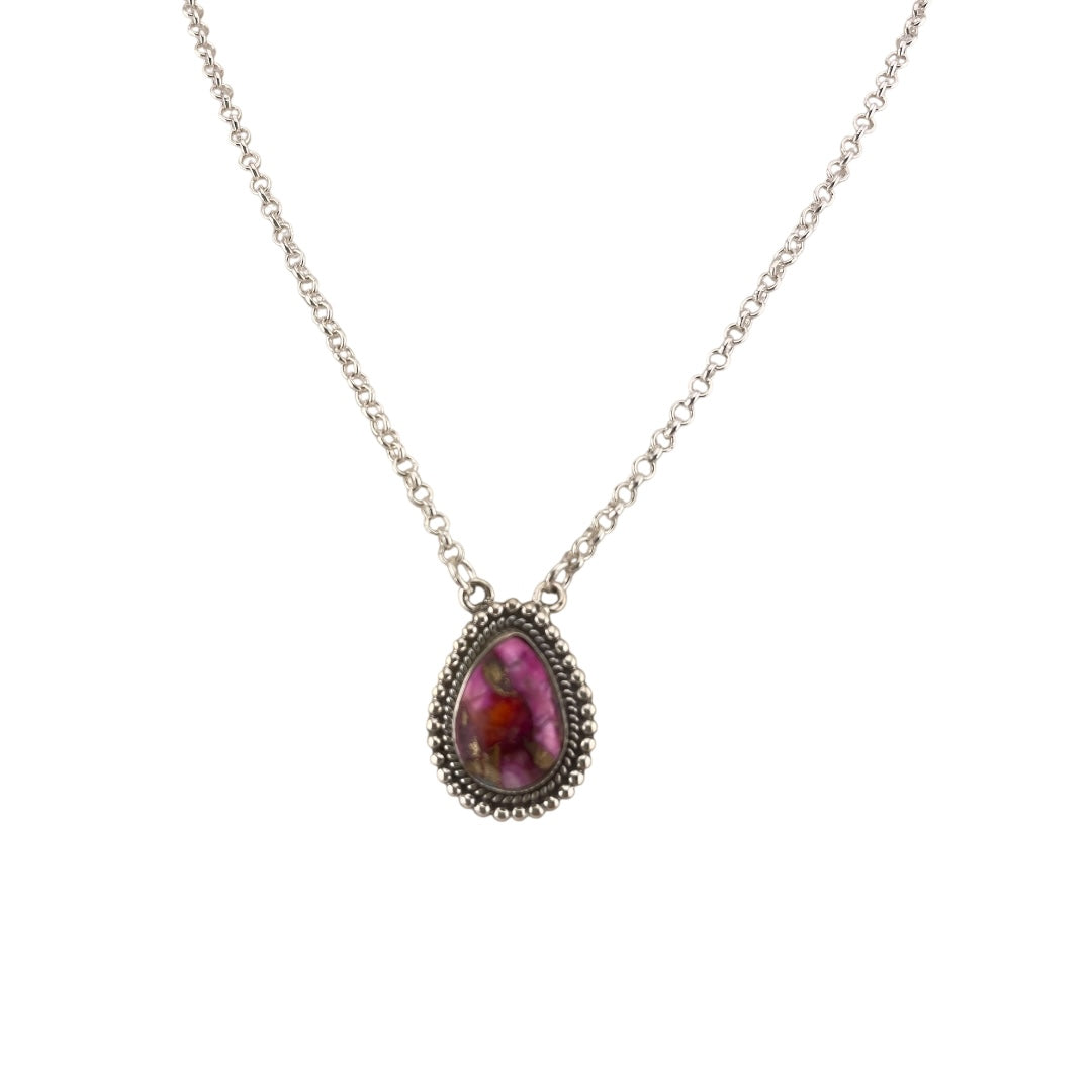 Crimson Glow – Pink Spiny Oyster Pear Shaped Necklace Sterling Silver