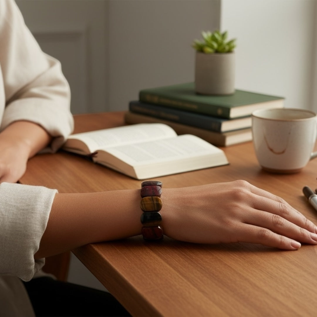 Blue Tiger Eye, Red Tiger Eye & Golden Tiger Eye Rectangular Bead Stretch Bracelet