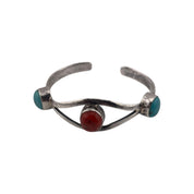 Sterling Silver Western Bangle Coral and Turquoise Gemstones, Thin Band