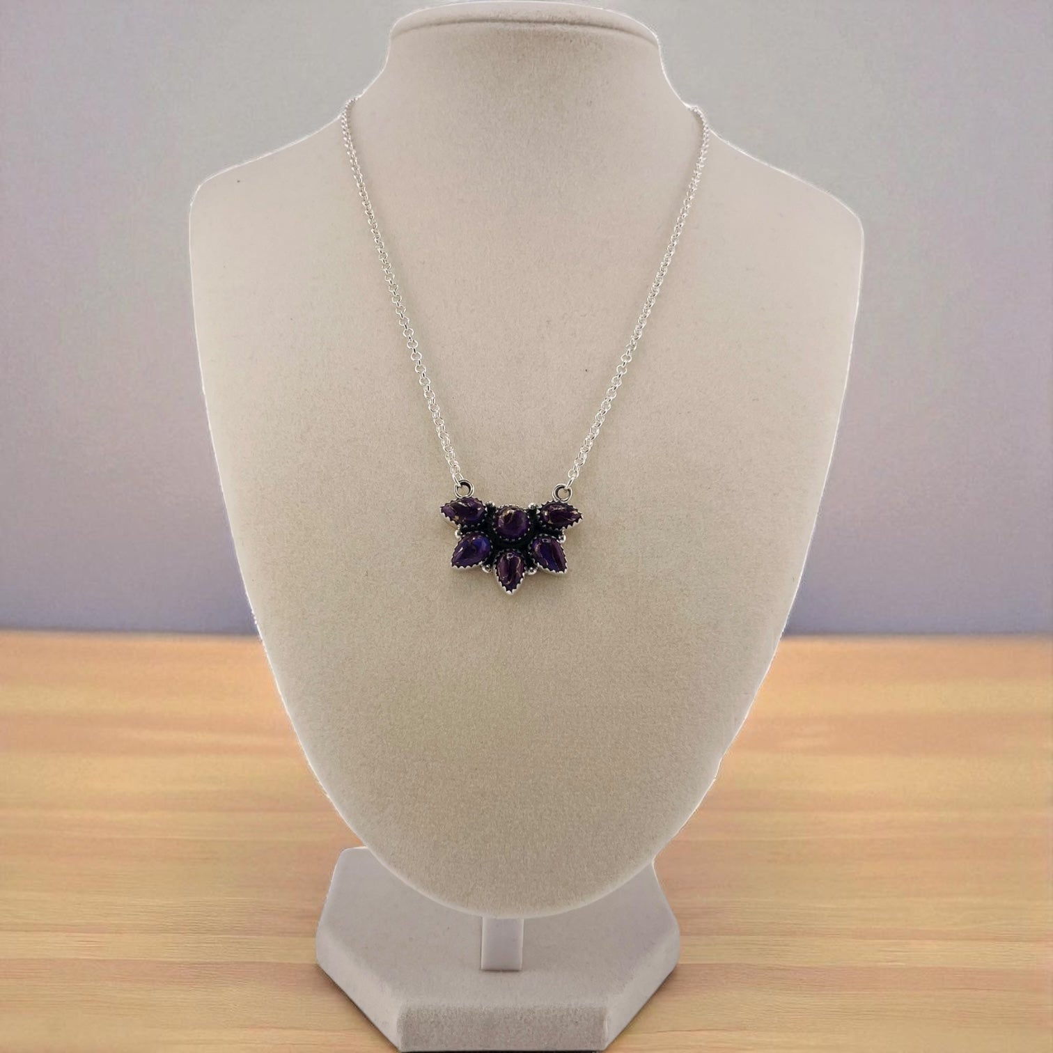 Timeless Sterling Silver Cluster Necklace with Purple Dahlia