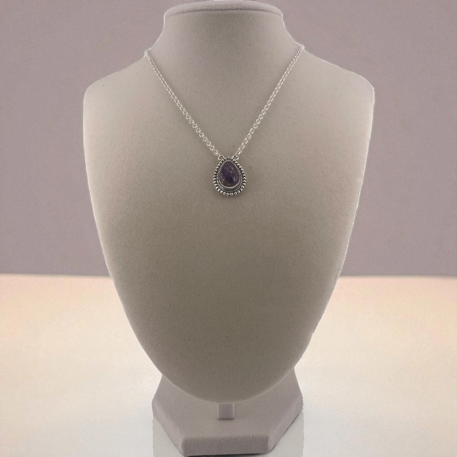 Crimson Glow – Purple Dahlia Pear Shaped Necklace Sterling Silver