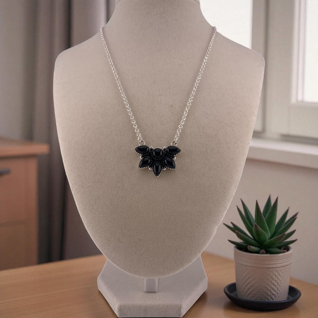 Timeless Sterling Silver Cluster Necklace with Black Onyx