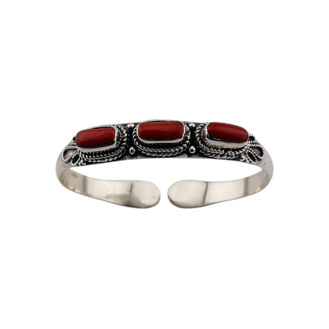 Sterling Silver Western Open Bangle and Coral Gemstones