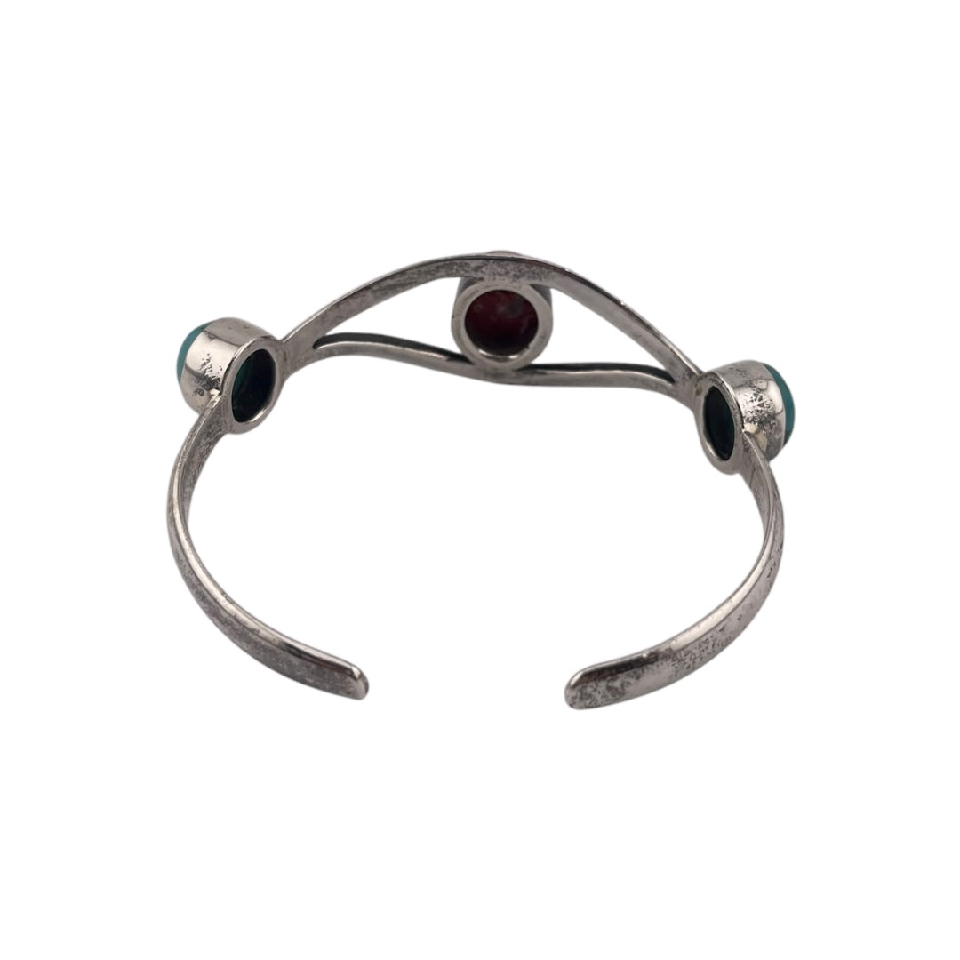 Sterling Silver Western Bangle Coral and Turquoise Gemstones, Thin Band