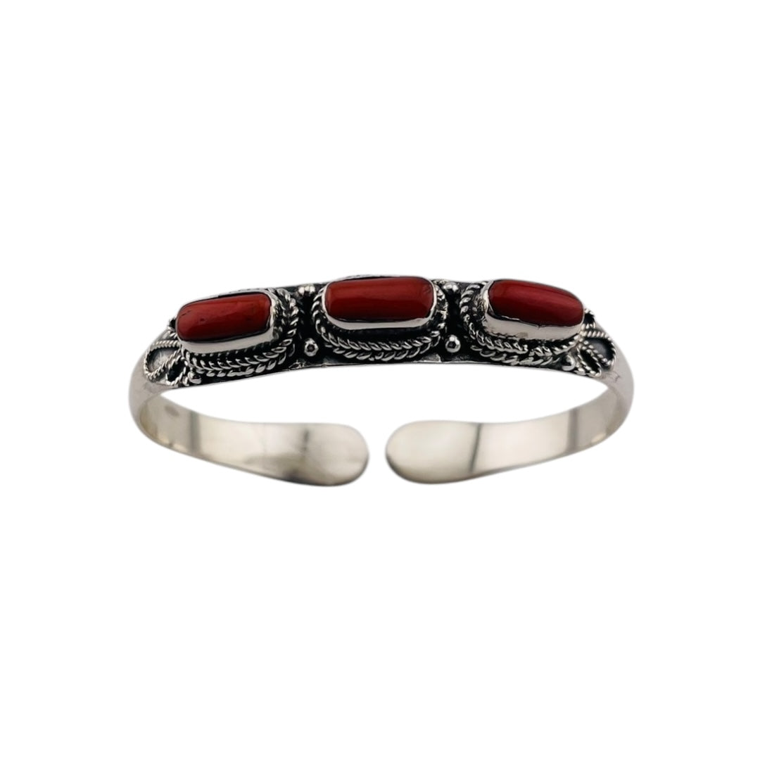 Sterling Silver Western Open Bangle and Coral Gemstones