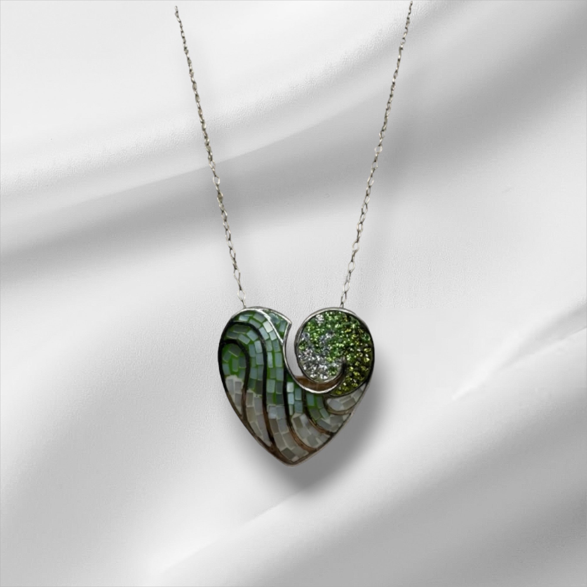 Sterling Silver, Pendant Necklace, Mother of Pearl, Zircon, Green, Ivory, Heart, Spring Ring Clasp, Perfect Gift