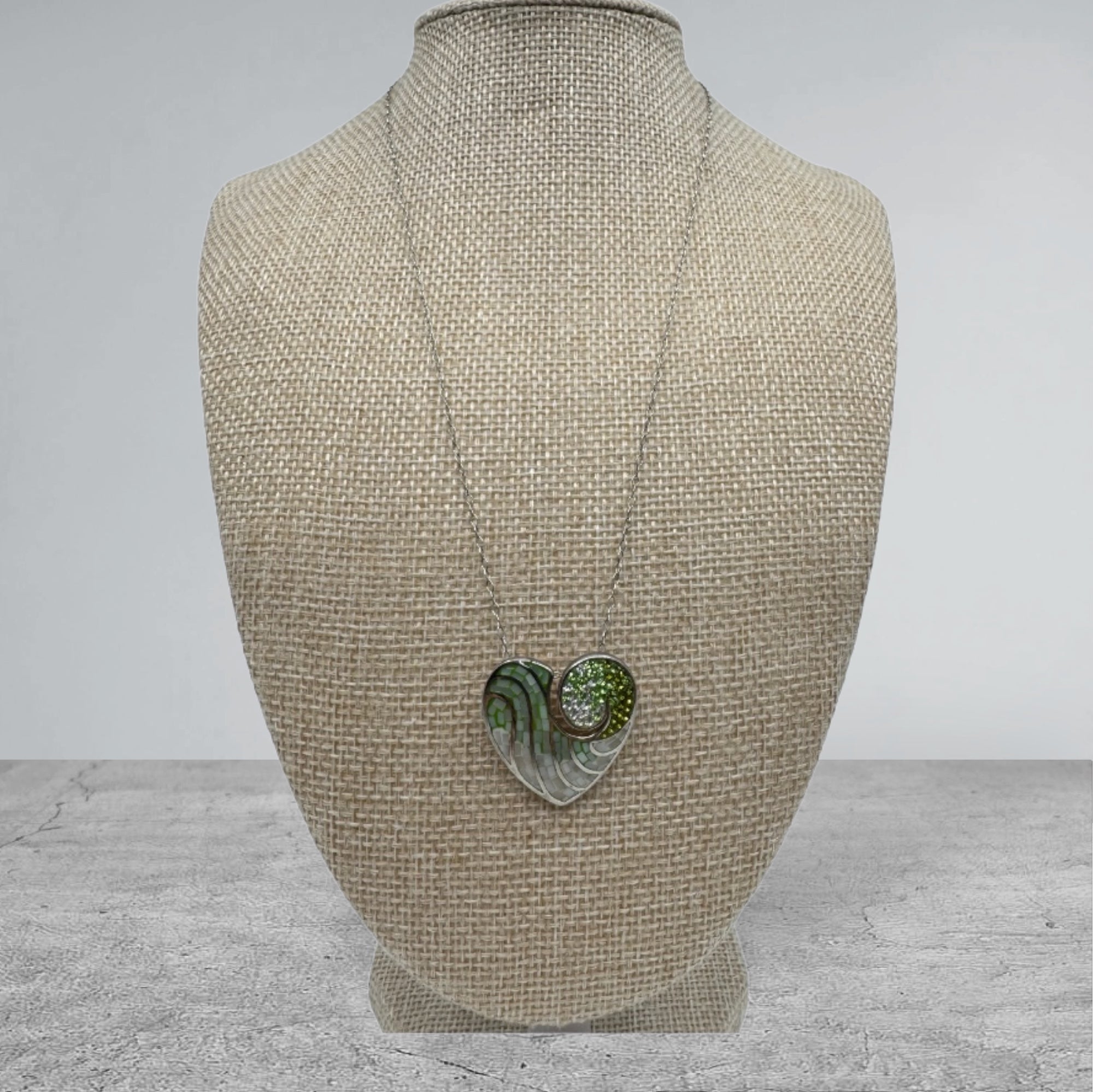 Sterling Silver, Pendant Necklace, Mother of Pearl, Zircon, Green, Ivory, Heart, Spring Ring Clasp, Perfect Gift