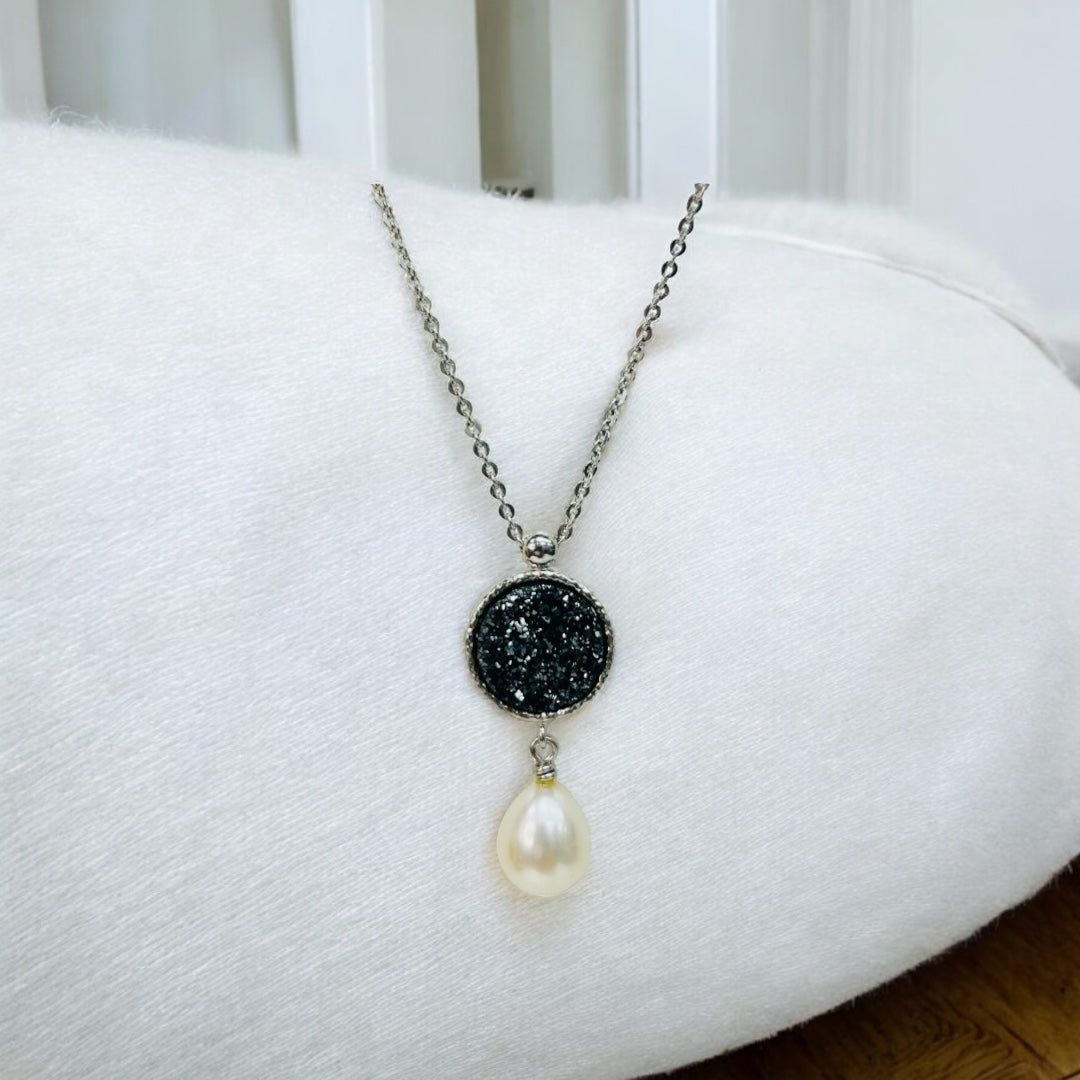 Quartz & Freshwater Pearl Sterling Silver Pendant – Handmade Jewelry, Unique Necklace, Gift for Her, Boho, Elegant, Midnight Druzy