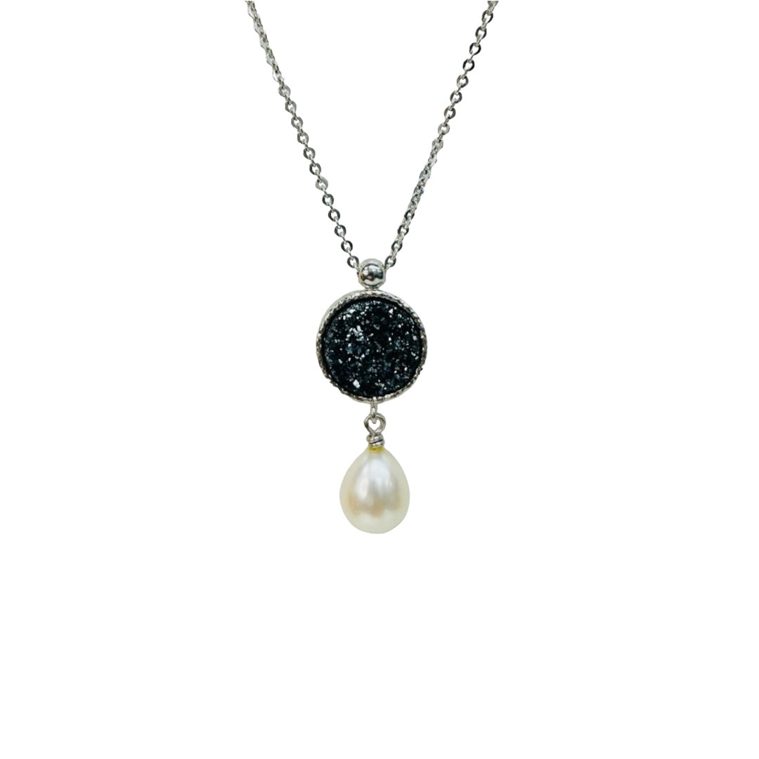 Quartz & Freshwater Pearl Sterling Silver Pendant – Handmade Jewelry, Unique Necklace, Gift for Her, Boho, Elegant, Midnight Druzy