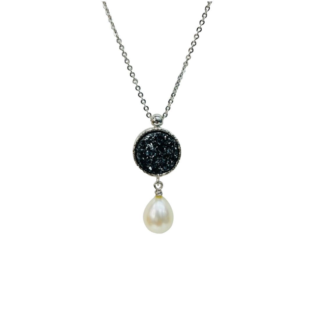 Quartz & Freshwater Pearl Sterling Silver Pendant – Handmade Jewelry, Unique Necklace, Gift for Her, Boho, Elegant, Midnight Druzy