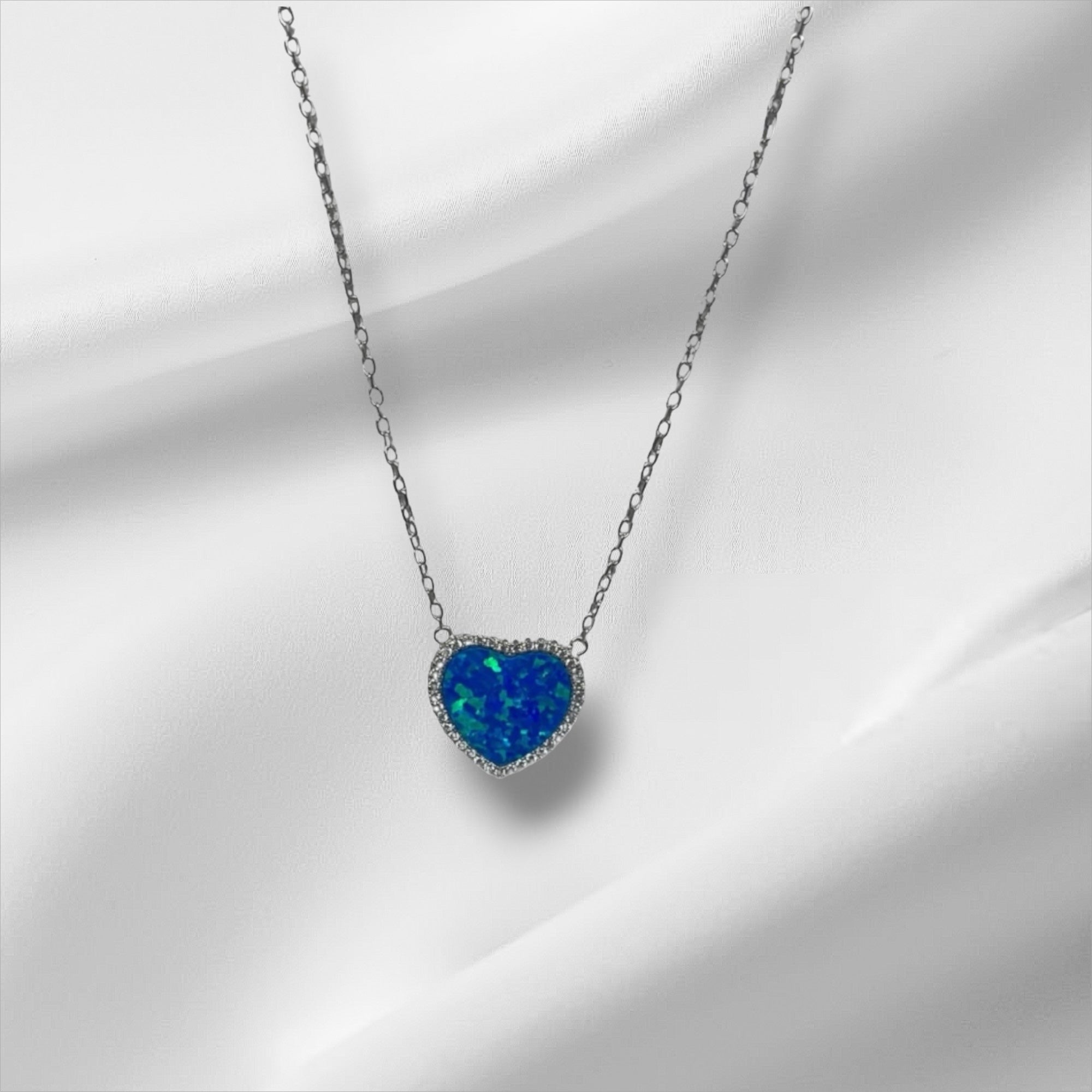 Stunning Blue Opal Heart Pendant Necklace with Zircon Border, Elegant Sterling Silver Jewelry Gift