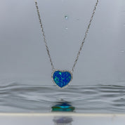 Stunning Blue Opal Heart Pendant Necklace with Zircon Border, Elegant Sterling Silver Jewelry Gift