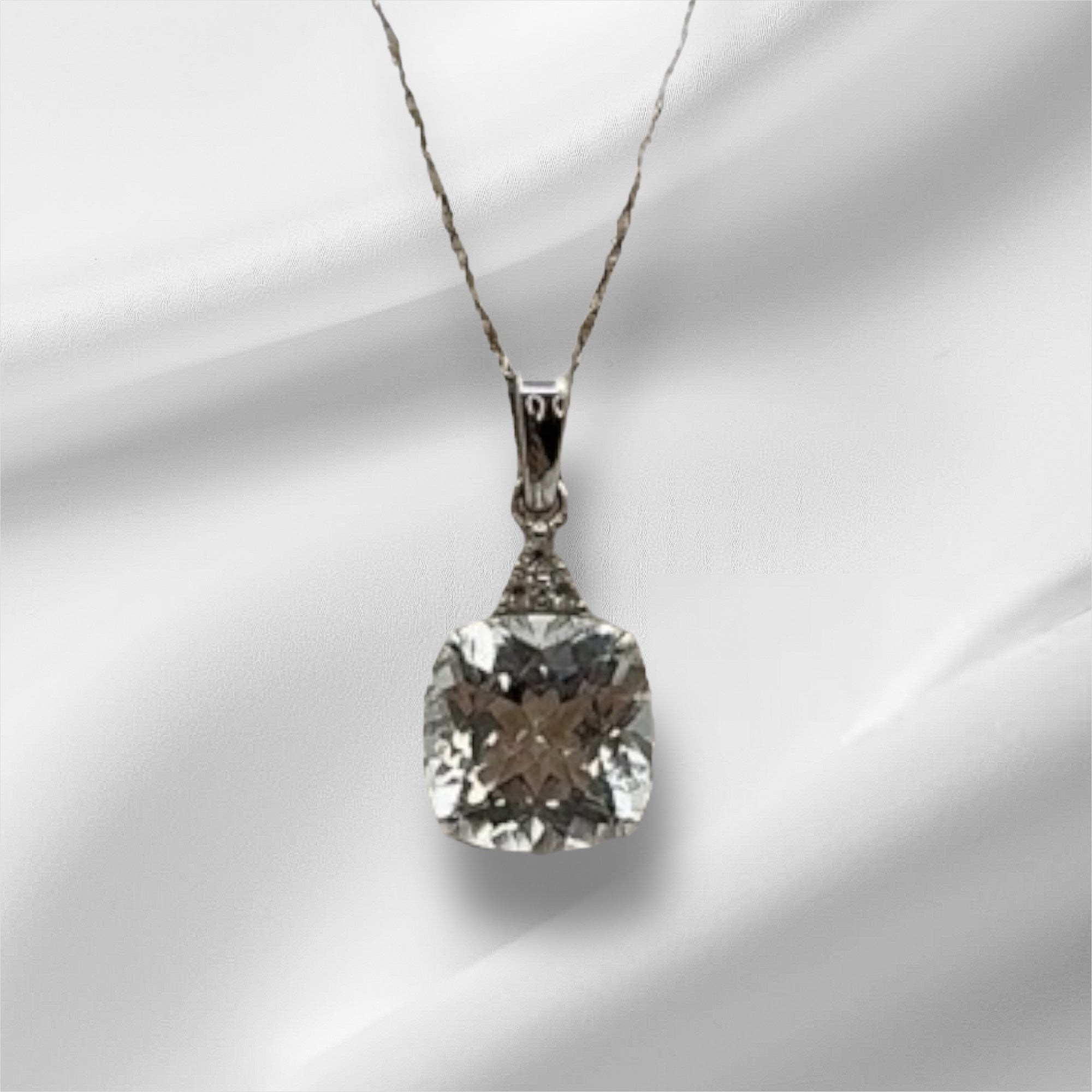 Sterling Silver Pendant Necklace, Zircon, Crystal Clear, Square Cut, Spring Ring Clasp, Elegance