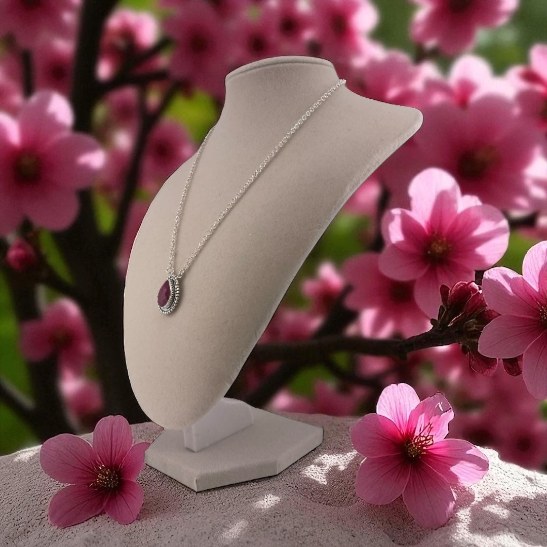 Crimson Glow – Ruby Pear Shaped Necklace Sterling Silver
