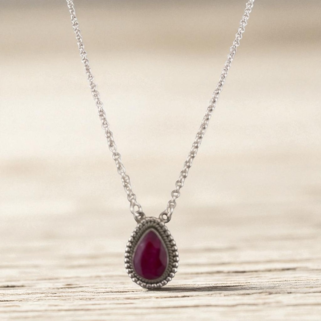 Crimson Glow – Ruby Pear Shaped Necklace Sterling Silver