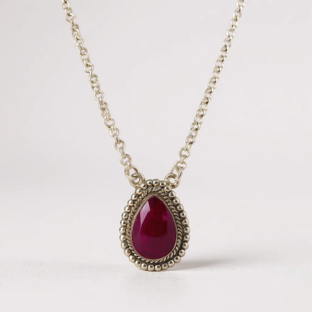 Crimson Glow – Ruby Pear Shaped Necklace Sterling Silver
