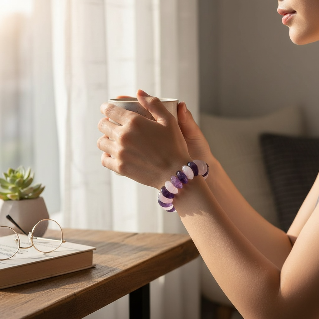 Amethyst and Rose Quartz Gemstone Bead Stretch Bracelet