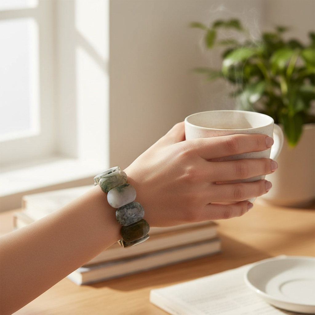 Moss Agate Rectangular Bead Stretch Bracelet