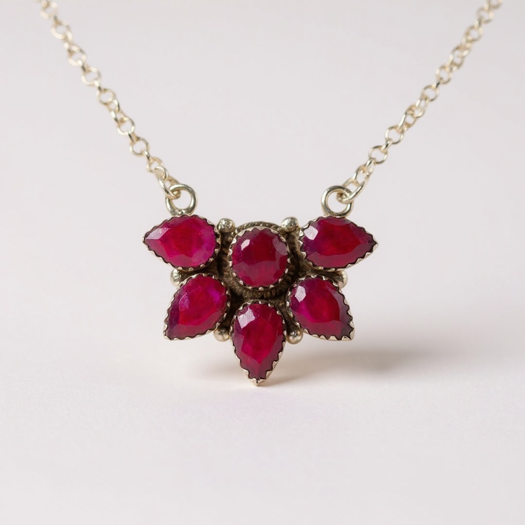 Timeless Sterling Silver Cluster Necklace with Ruby