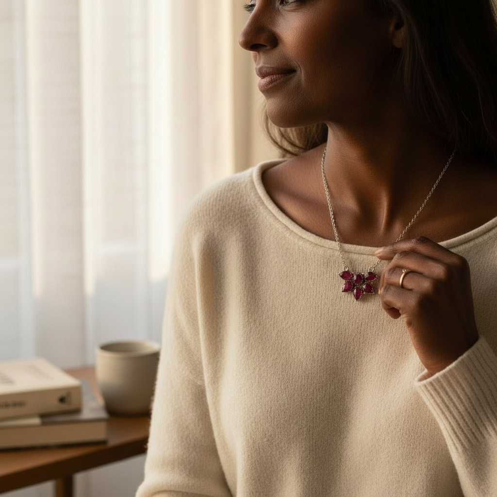Timeless Sterling Silver Cluster Necklace with Ruby