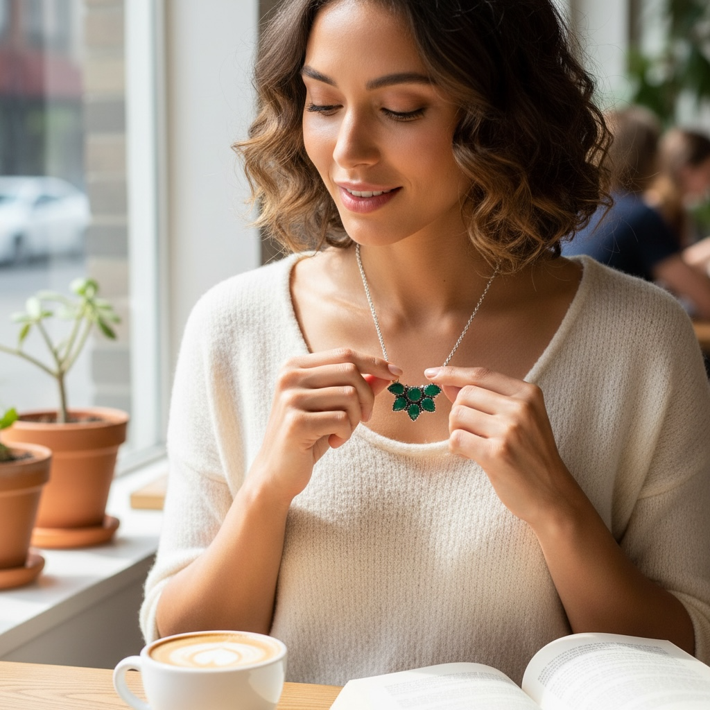 Timeless Sterling Silver Cluster Necklace with Emerald