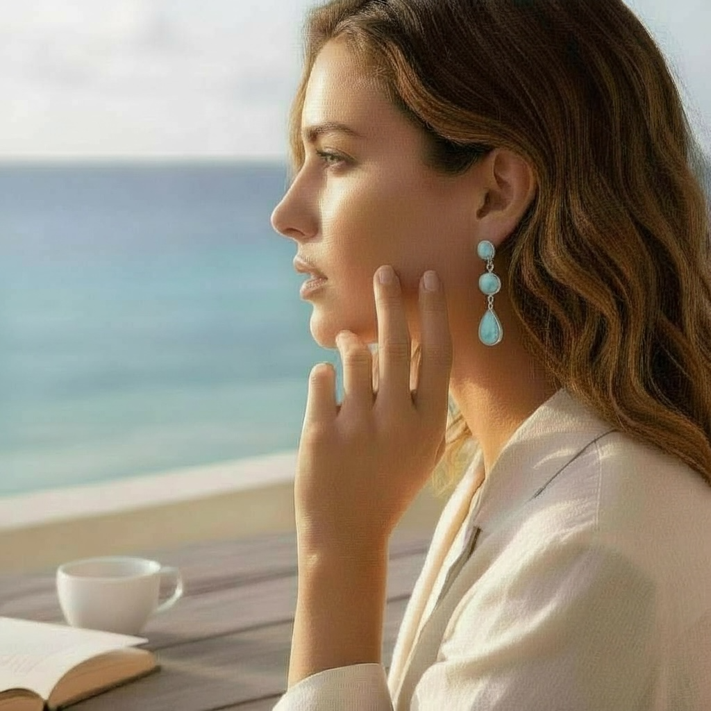 Larimar Three-Stone Dangle Earrings in 925 Sterling Silver